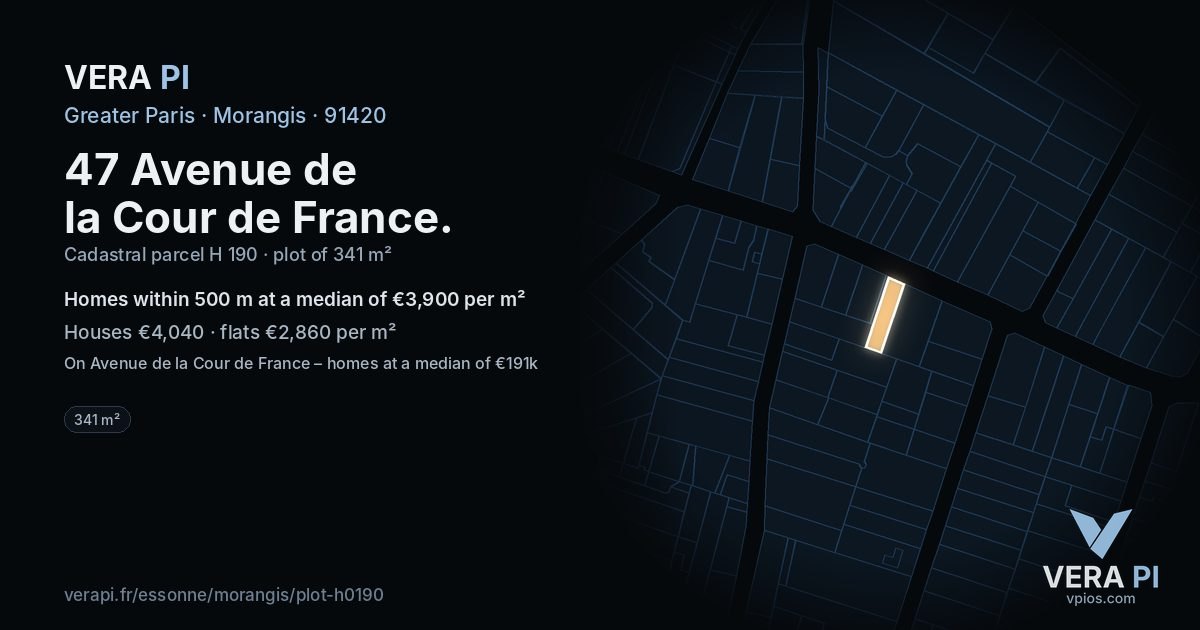47 Avenue de la Cour de France, Morangis at night – the plot lit, the parcels around coloured by the prices near them