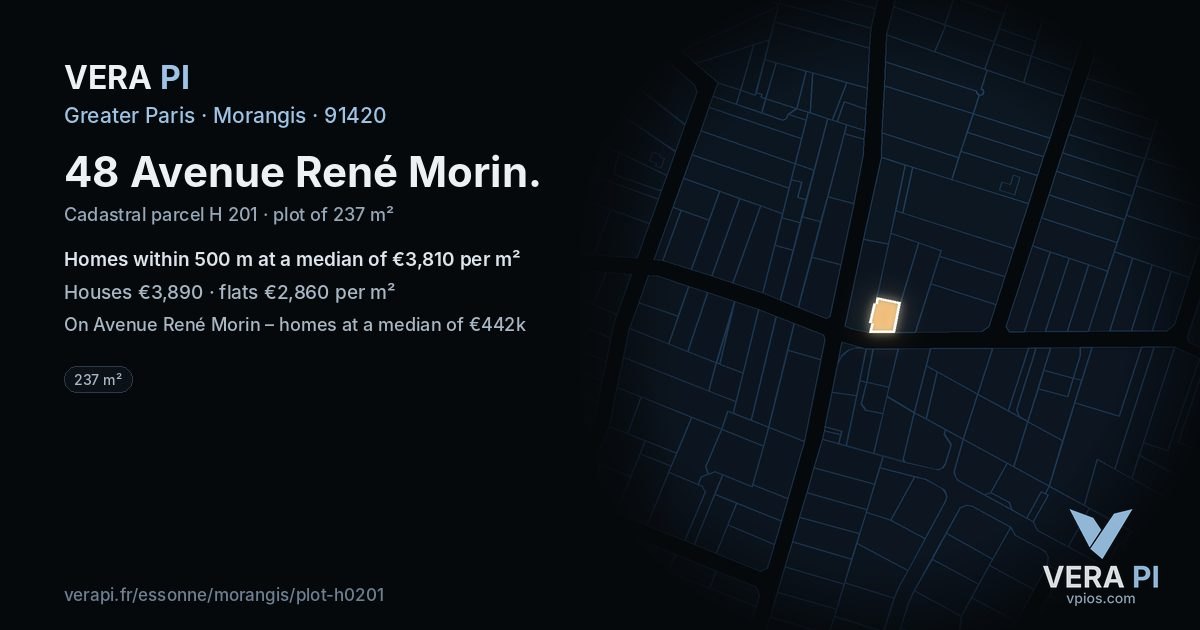 48 Avenue René Morin, Morangis at night – the plot lit, the parcels around coloured by the prices near them