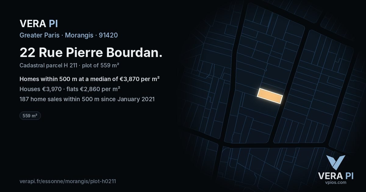 22 Rue Pierre Bourdan, Morangis at night – the plot lit, the parcels around coloured by the prices near them