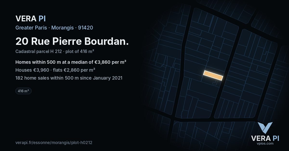 20 Rue Pierre Bourdan, Morangis at night – the plot lit, the parcels around coloured by the prices near them