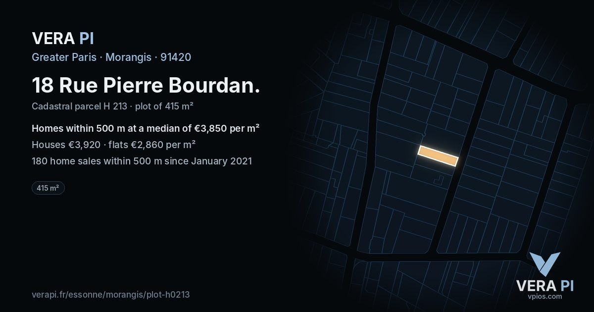 18 Rue Pierre Bourdan, Morangis at night – the plot lit, the parcels around coloured by the prices near them