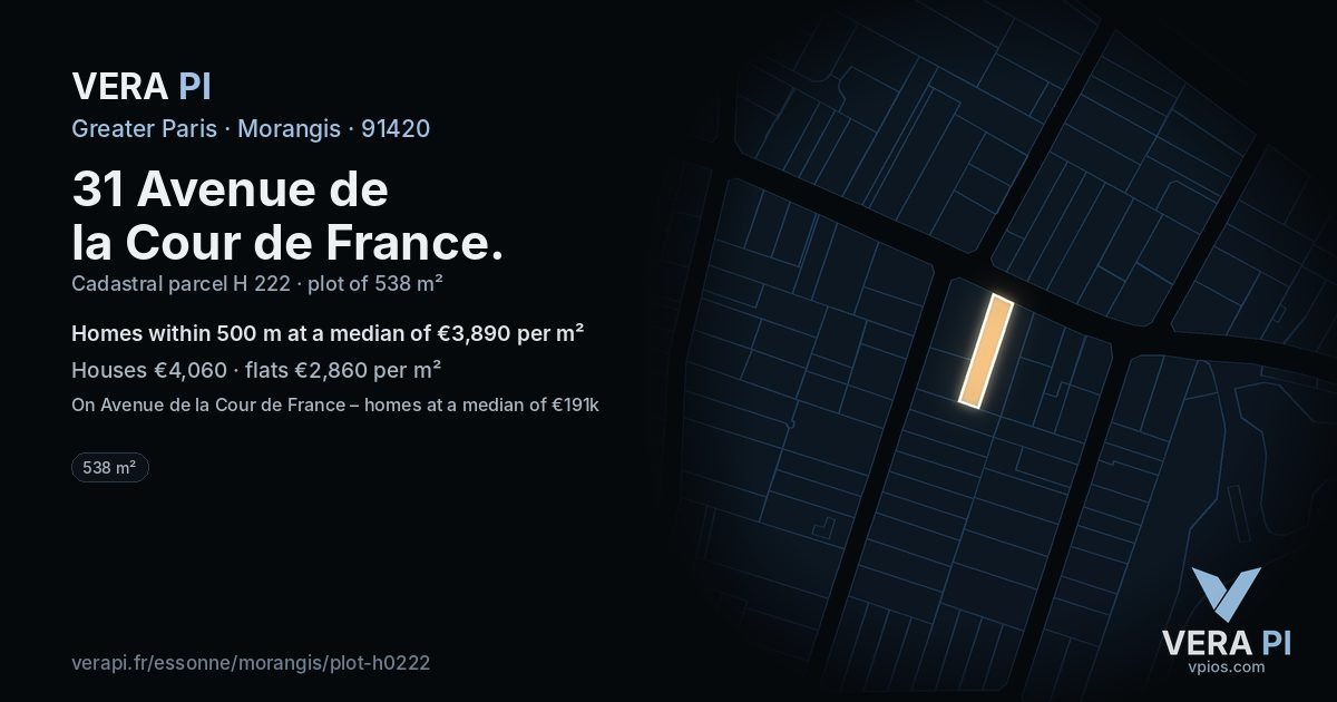 31 Avenue de la Cour de France, Morangis at night – the plot lit, the parcels around coloured by the prices near them