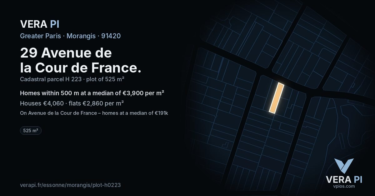 29 Avenue de la Cour de France, Morangis at night – the plot lit, the parcels around coloured by the prices near them