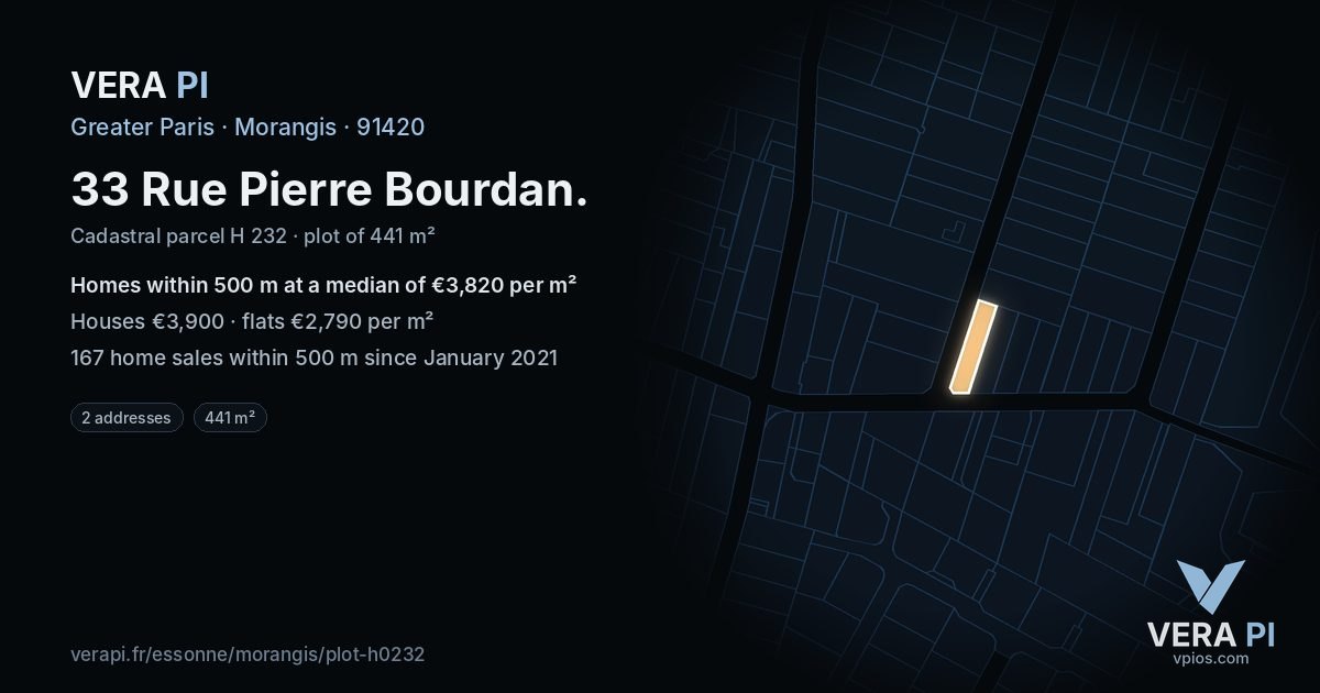 33 Rue Pierre Bourdan, Morangis at night – the plot lit, the parcels around coloured by the prices near them