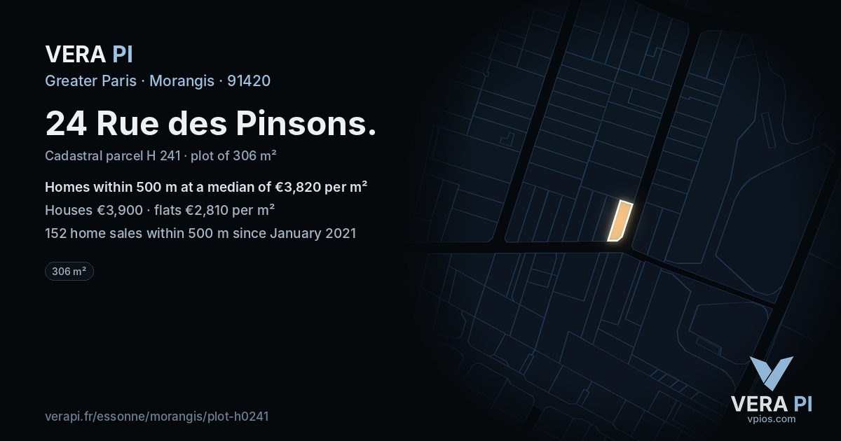 24 Rue des Pinsons, Morangis at night – the plot lit, the parcels around coloured by the prices near them