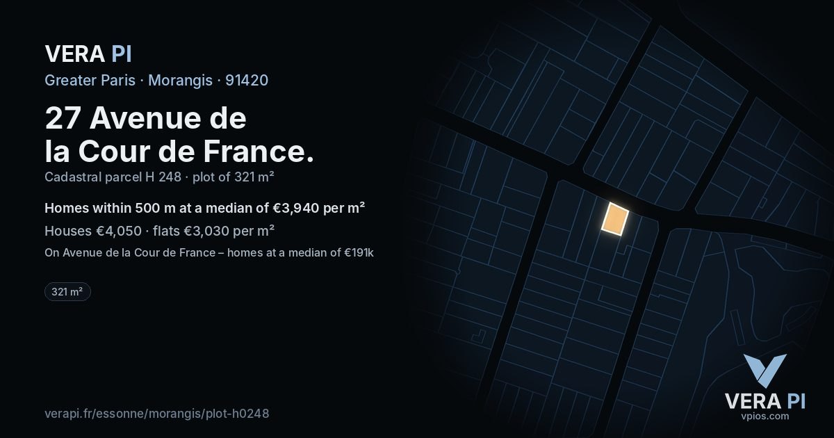 27 Avenue de la Cour de France, Morangis at night – the plot lit, the parcels around coloured by the prices near them