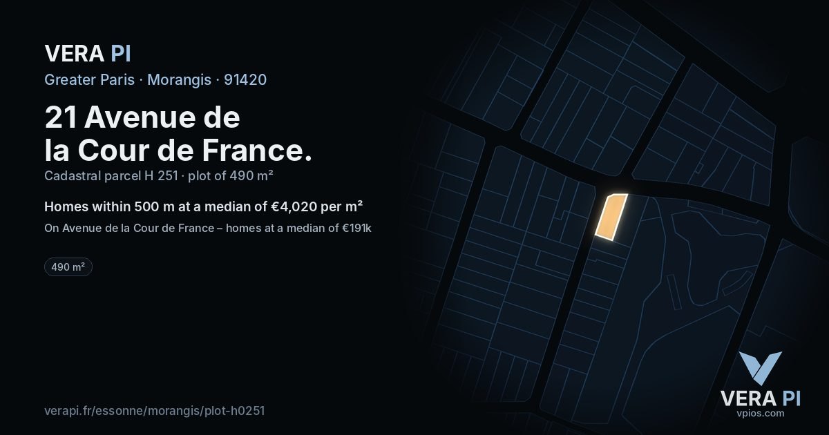 21 Avenue de la Cour de France, Morangis at night – the plot lit, the parcels around coloured by the prices near them