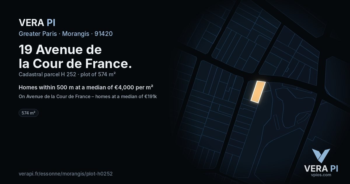19 Avenue de la Cour de France, Morangis at night – the plot lit, the parcels around coloured by the prices near them