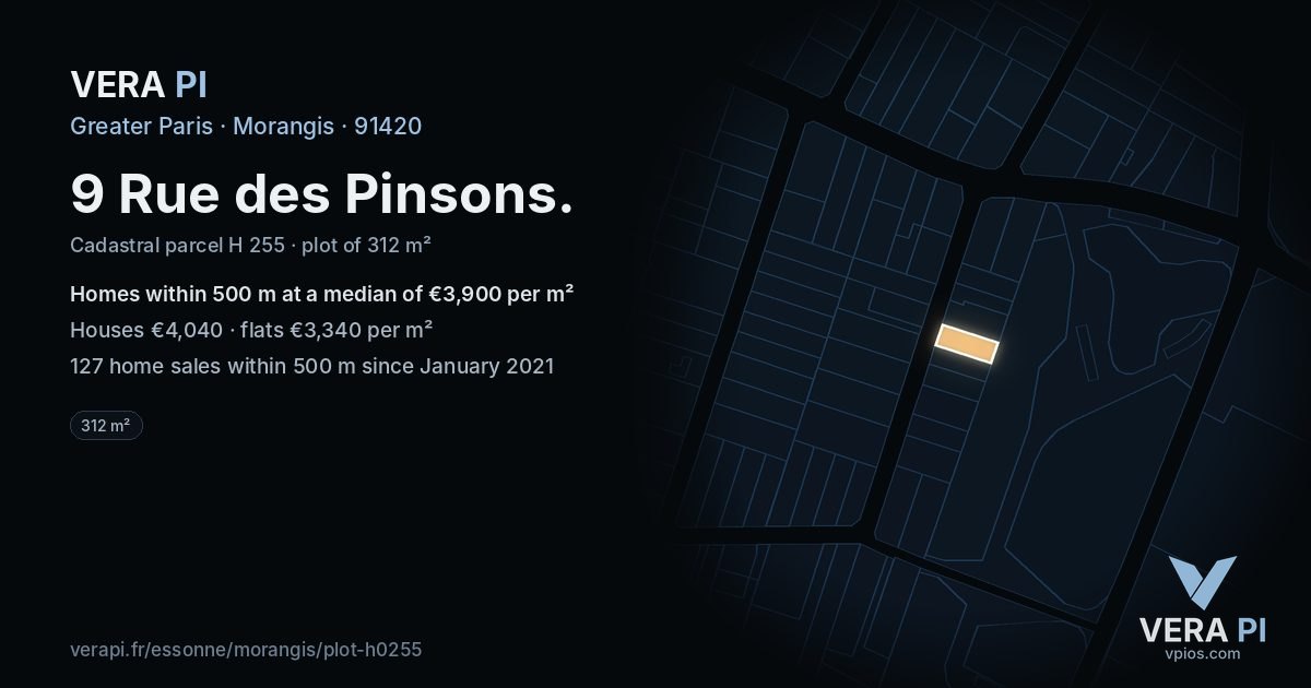 9 Rue des Pinsons, Morangis at night – the plot lit, the parcels around coloured by the prices near them