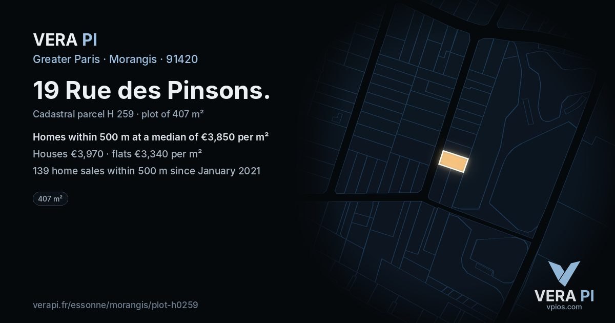 19 Rue des Pinsons, Morangis at night – the plot lit, the parcels around coloured by the prices near them