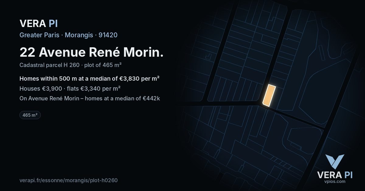22 Avenue René Morin, Morangis at night – the plot lit, the parcels around coloured by the prices near them