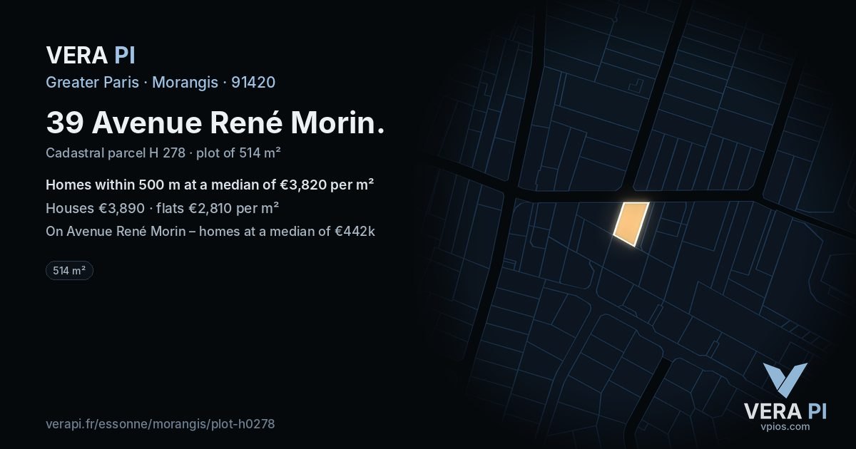 39 Avenue René Morin, Morangis at night – the plot lit, the parcels around coloured by the prices near them