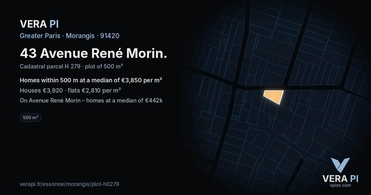 43 Avenue René Morin, Morangis at night – the plot lit, the parcels around coloured by the prices near them