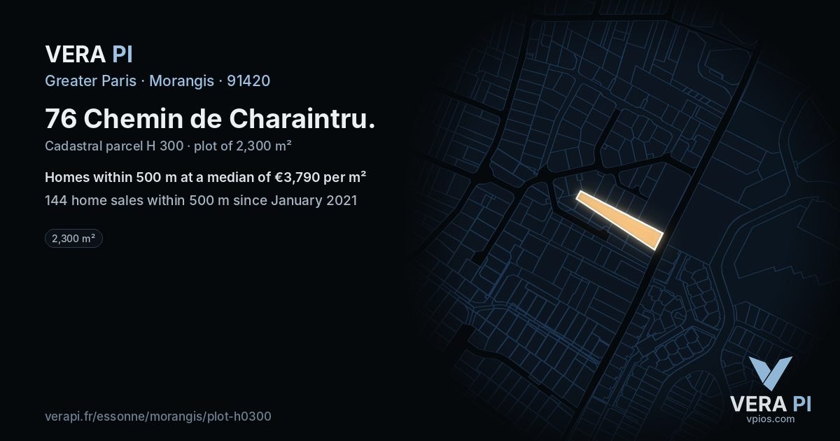 76 Chemin de Charaintru, Morangis at night – the plot lit, the parcels around coloured by the prices near them