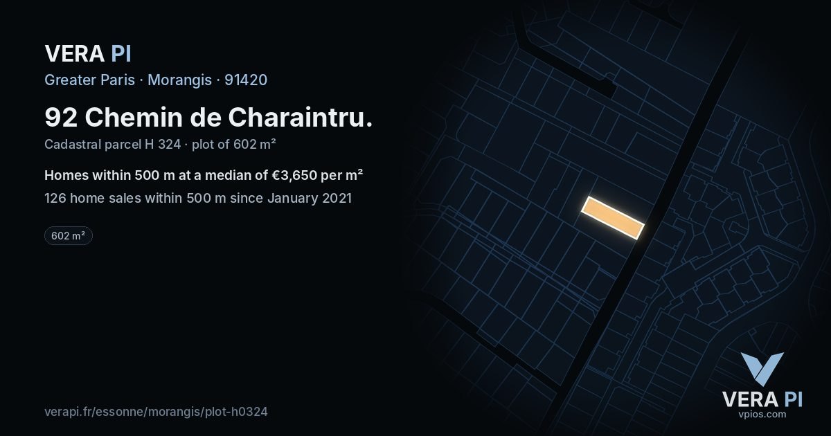 92 Chemin de Charaintru, Morangis at night – the plot lit, the parcels around coloured by the prices near them