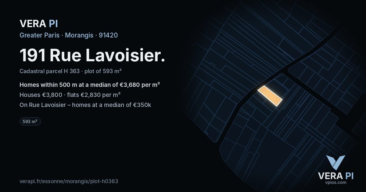 191 Rue Lavoisier, Morangis at night – the plot lit, the parcels around coloured by the prices near them