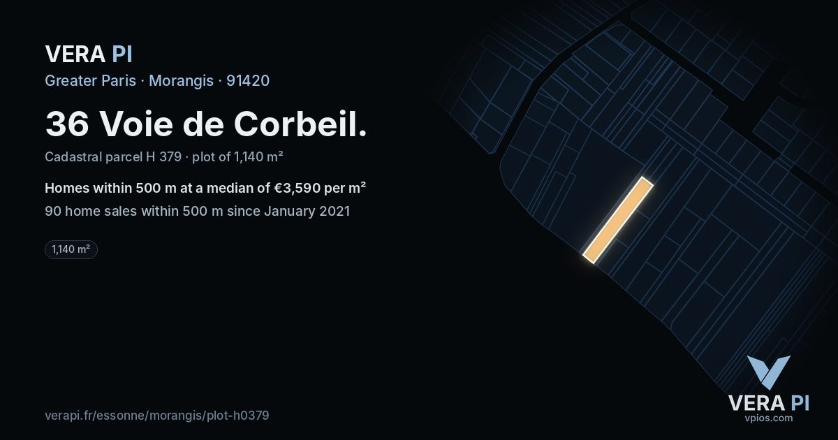 36 Voie de Corbeil, Morangis at night – the plot lit, the parcels around coloured by the prices near them