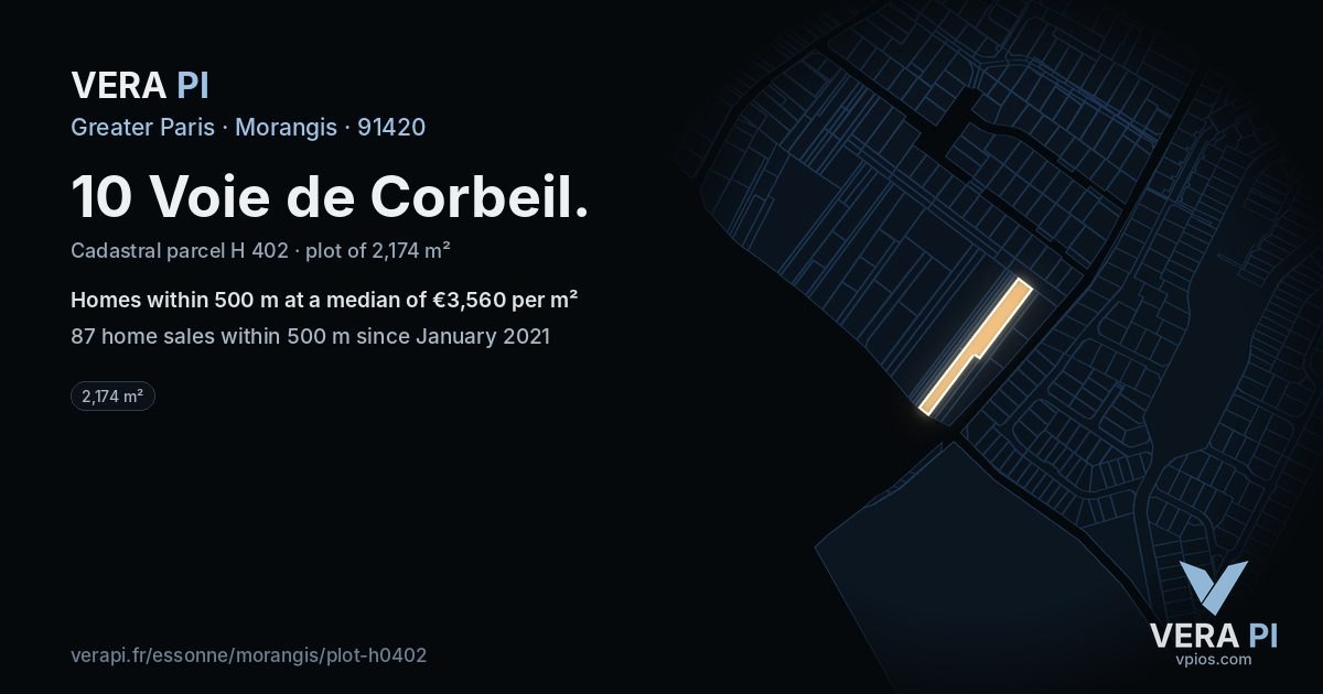 10 Voie de Corbeil, Morangis at night – the plot lit, the parcels around coloured by the prices near them