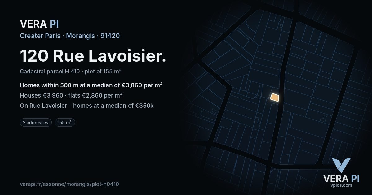 120 Rue Lavoisier, Morangis at night – the plot lit, the parcels around coloured by the prices near them