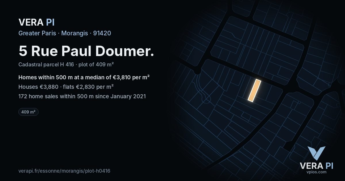 5 Rue Paul Doumer, Morangis at night – the plot lit, the parcels around coloured by the prices near them