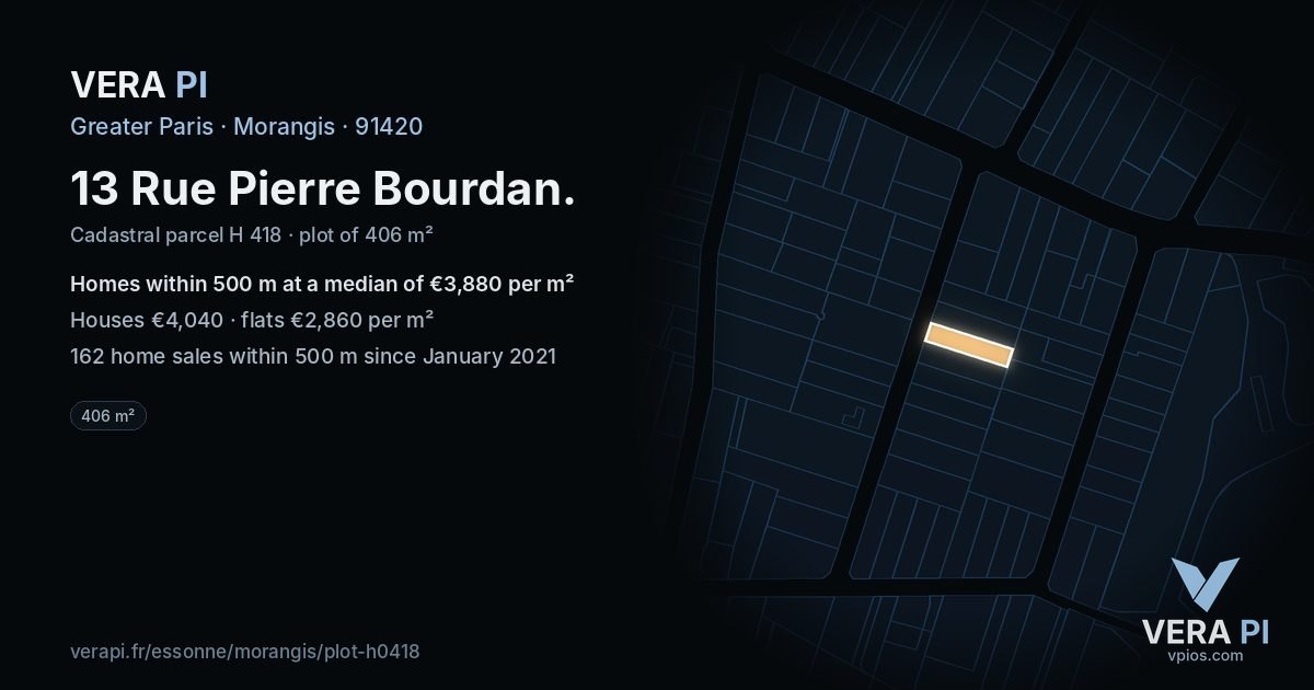 13 Rue Pierre Bourdan, Morangis at night – the plot lit, the parcels around coloured by the prices near them