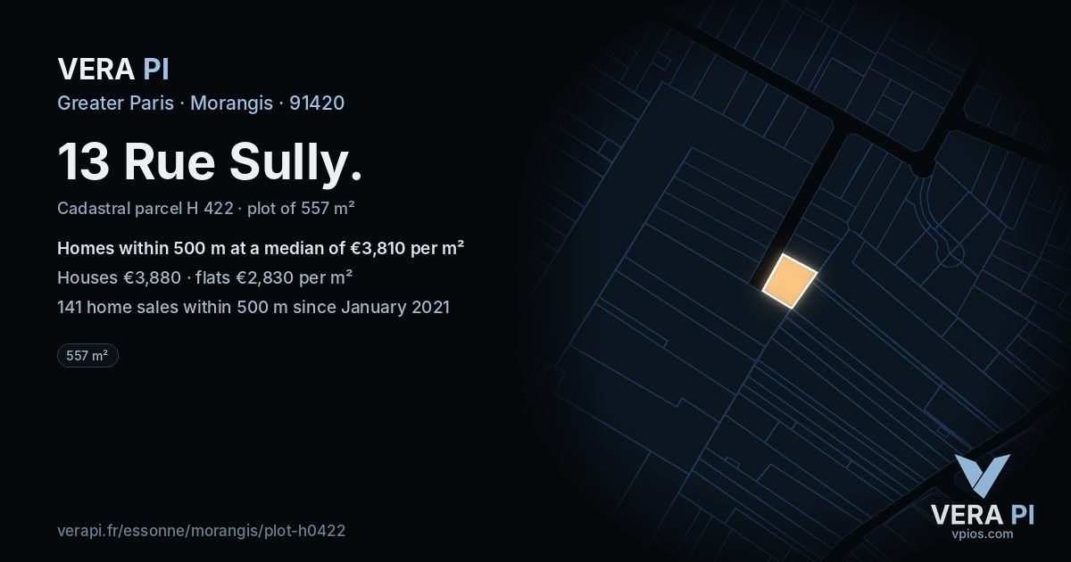 13 Rue Sully, Morangis at night – the plot lit, the parcels around coloured by the prices near them