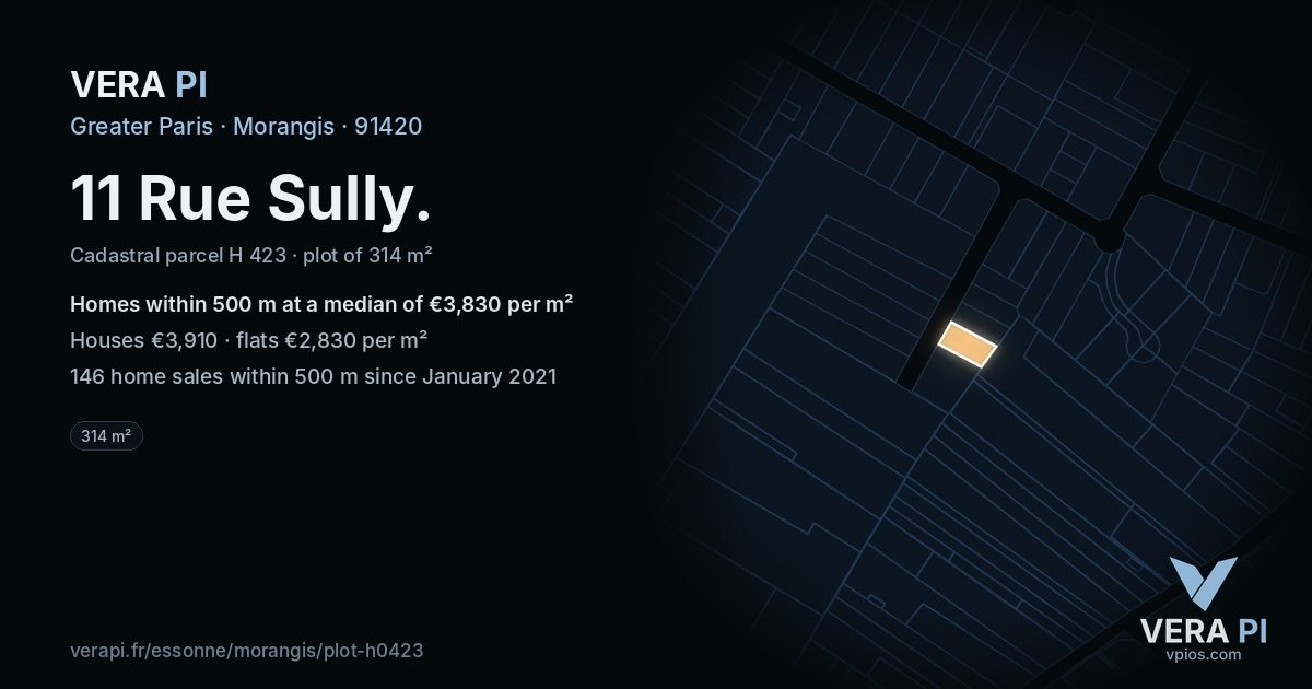 11 Rue Sully, Morangis at night – the plot lit, the parcels around coloured by the prices near them