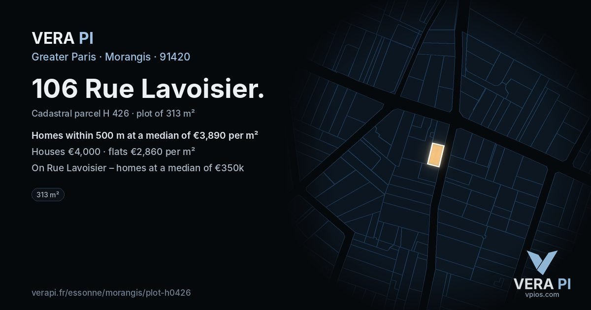 106 Rue Lavoisier, Morangis at night – the plot lit, the parcels around coloured by the prices near them