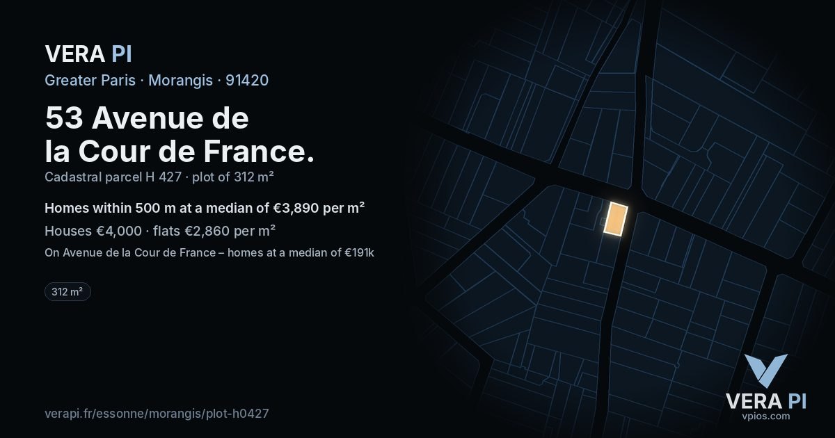 53 Avenue de la Cour de France, Morangis at night – the plot lit, the parcels around coloured by the prices near them
