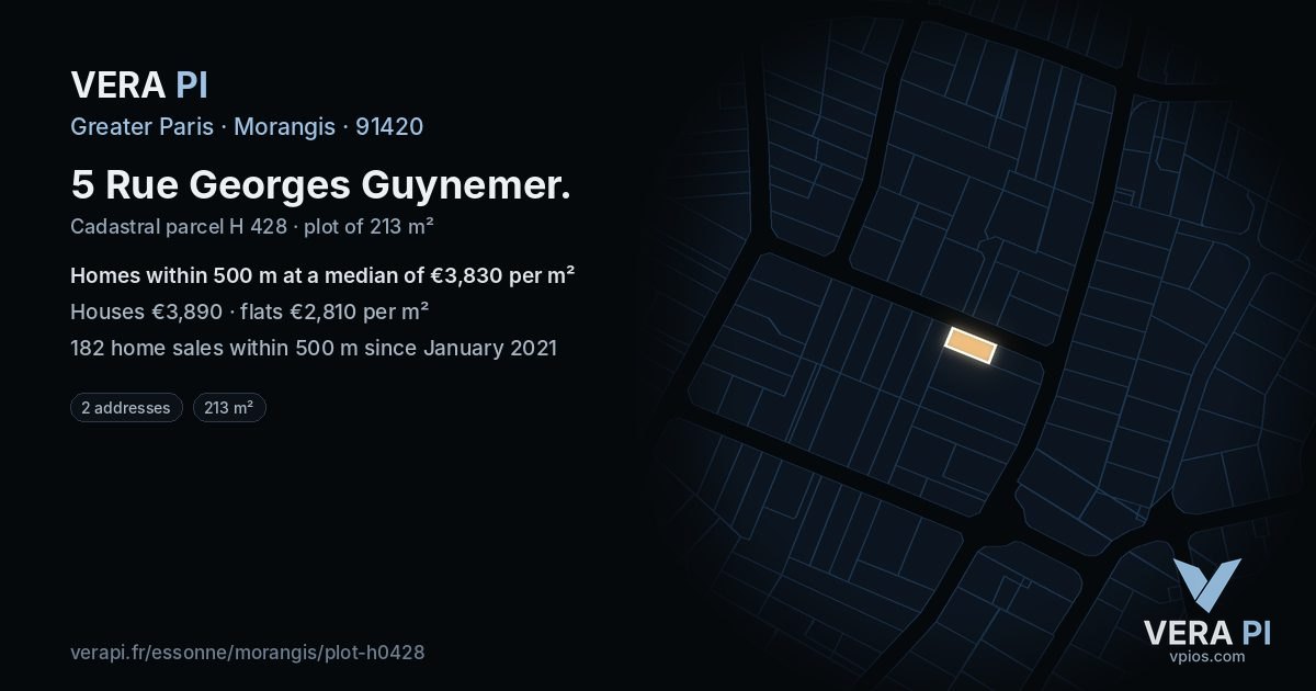 5 Rue Georges Guynemer, Morangis at night – the plot lit, the parcels around coloured by the prices near them