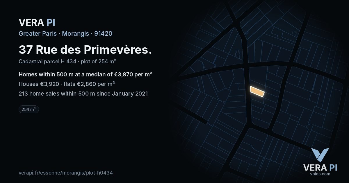 37 Rue des Primevères, Morangis at night – the plot lit, the parcels around coloured by the prices near them