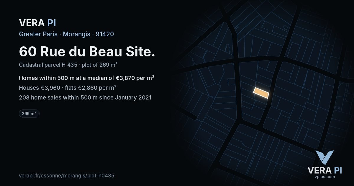 60 Rue du Beau Site, Morangis at night – the plot lit, the parcels around coloured by the prices near them