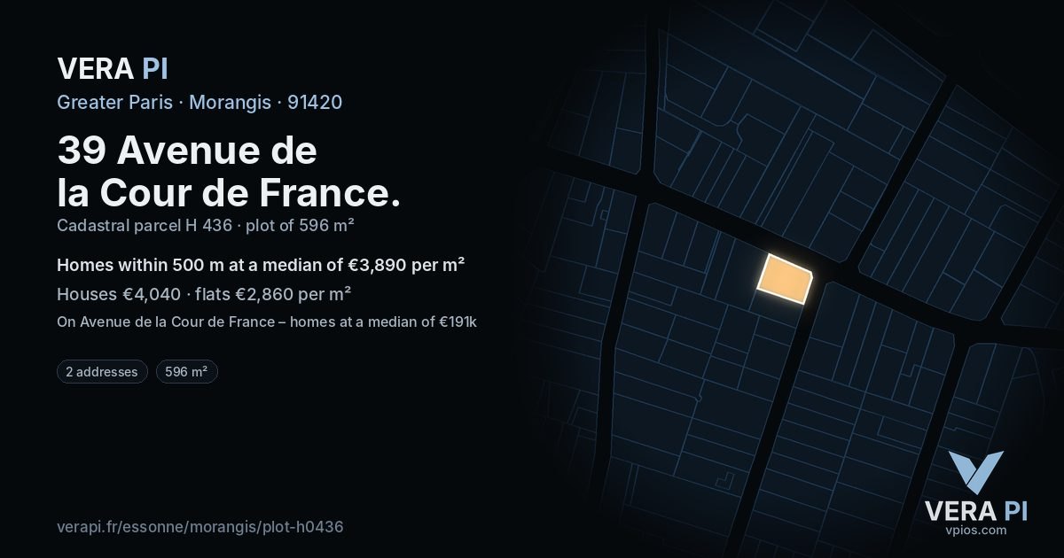 39 Avenue de la Cour de France, Morangis at night – the plot lit, the parcels around coloured by the prices near them