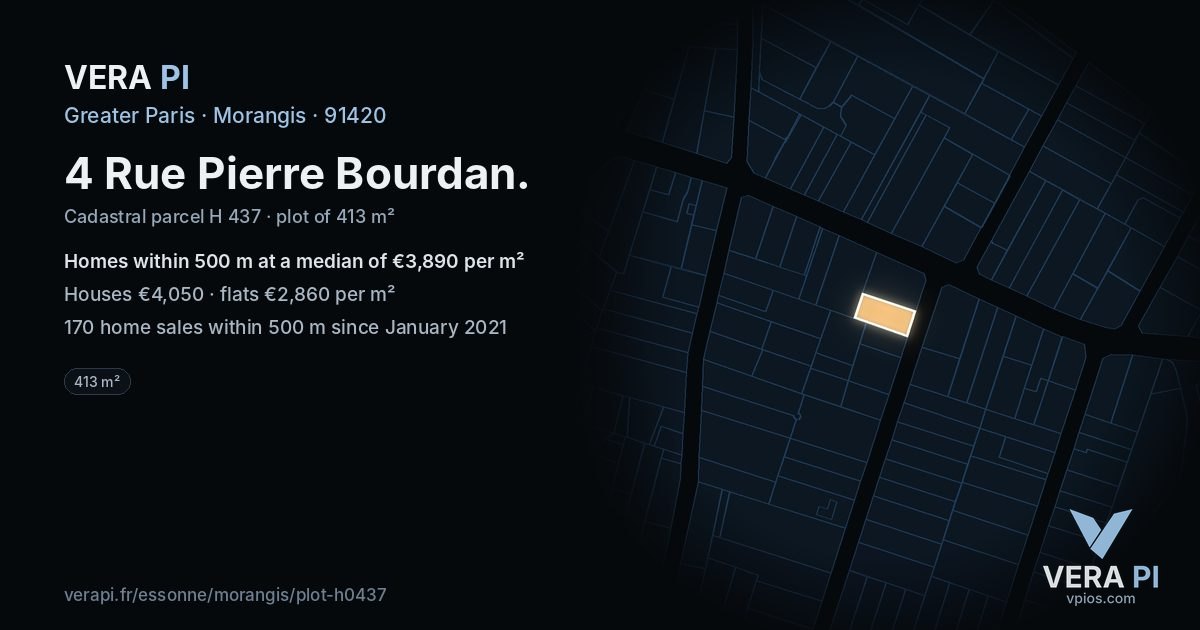 4 Rue Pierre Bourdan, Morangis at night – the plot lit, the parcels around coloured by the prices near them