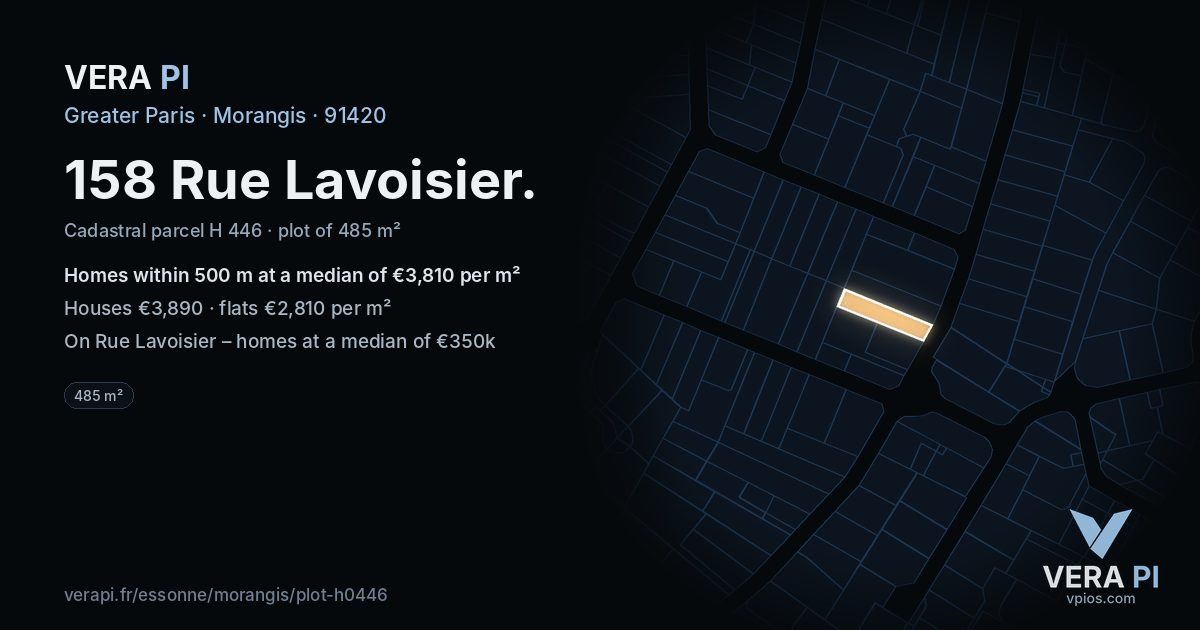 158 Rue Lavoisier, Morangis at night – the plot lit, the parcels around coloured by the prices near them