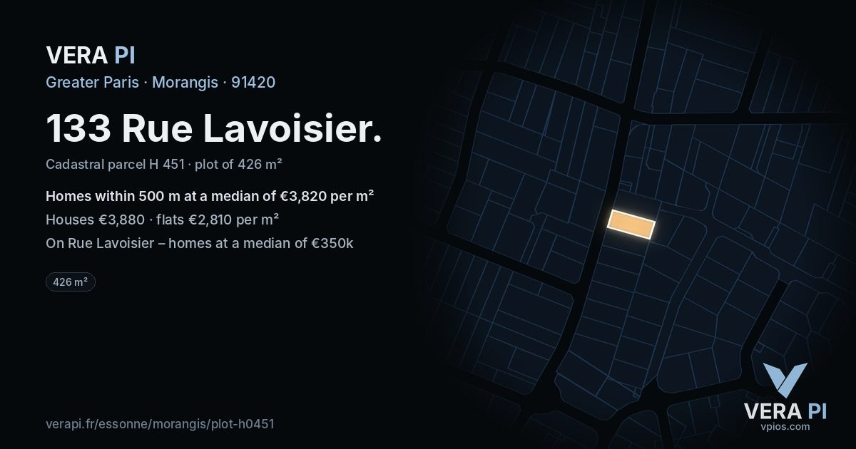 133 Rue Lavoisier, Morangis at night – the plot lit, the parcels around coloured by the prices near them