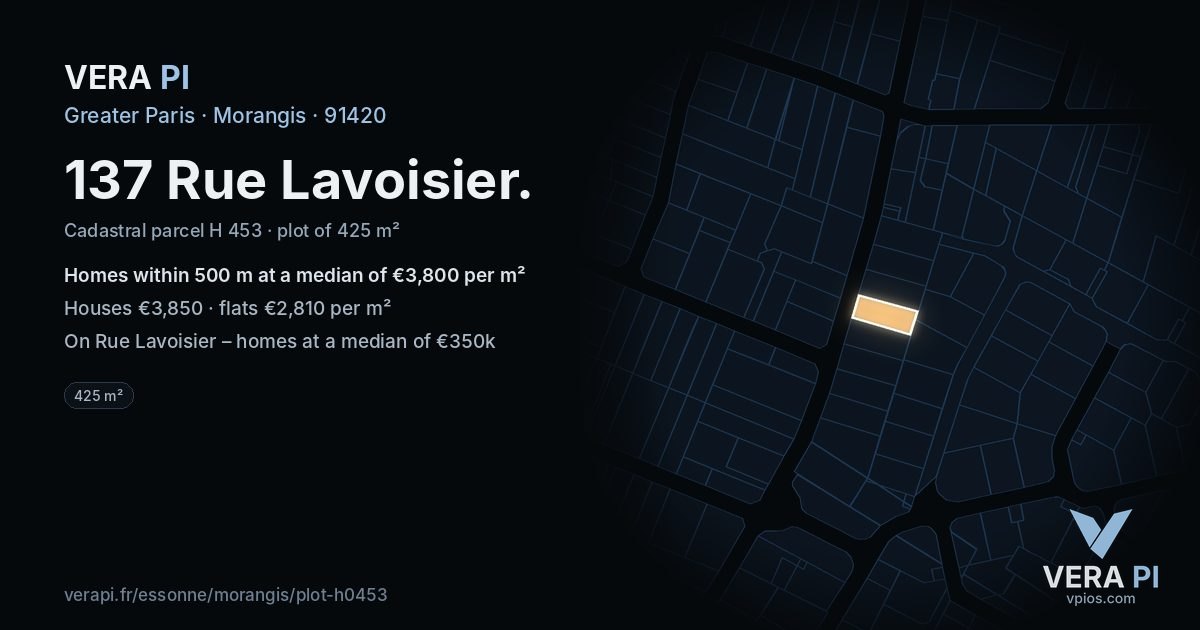 137 Rue Lavoisier, Morangis at night – the plot lit, the parcels around coloured by the prices near them