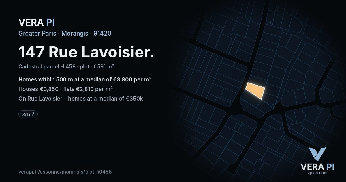 147 Rue Lavoisier, Morangis at night – the plot lit, the parcels around coloured by the prices near them