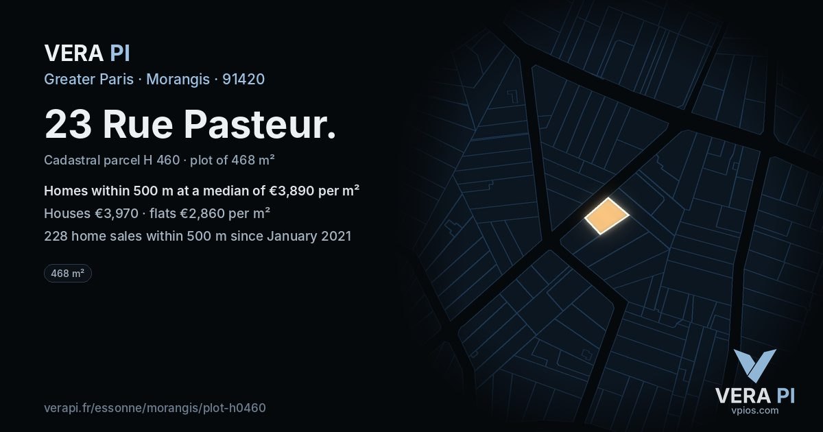 23 Rue Pasteur, Morangis at night – the plot lit, the parcels around coloured by the prices near them