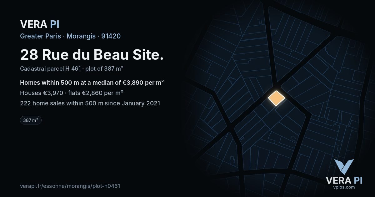 28 Rue du Beau Site, Morangis at night – the plot lit, the parcels around coloured by the prices near them