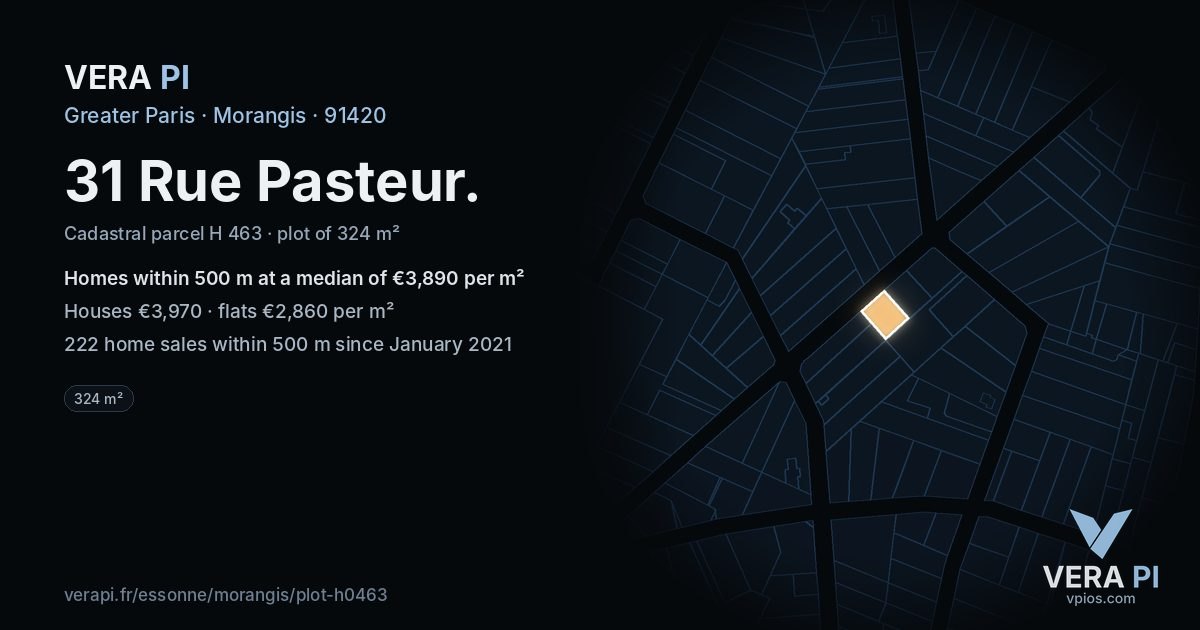 31 Rue Pasteur, Morangis at night – the plot lit, the parcels around coloured by the prices near them