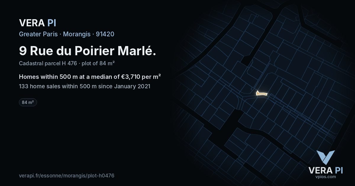 9 Rue du Poirier Marlé, Morangis at night – the plot lit, the parcels around coloured by the prices near them