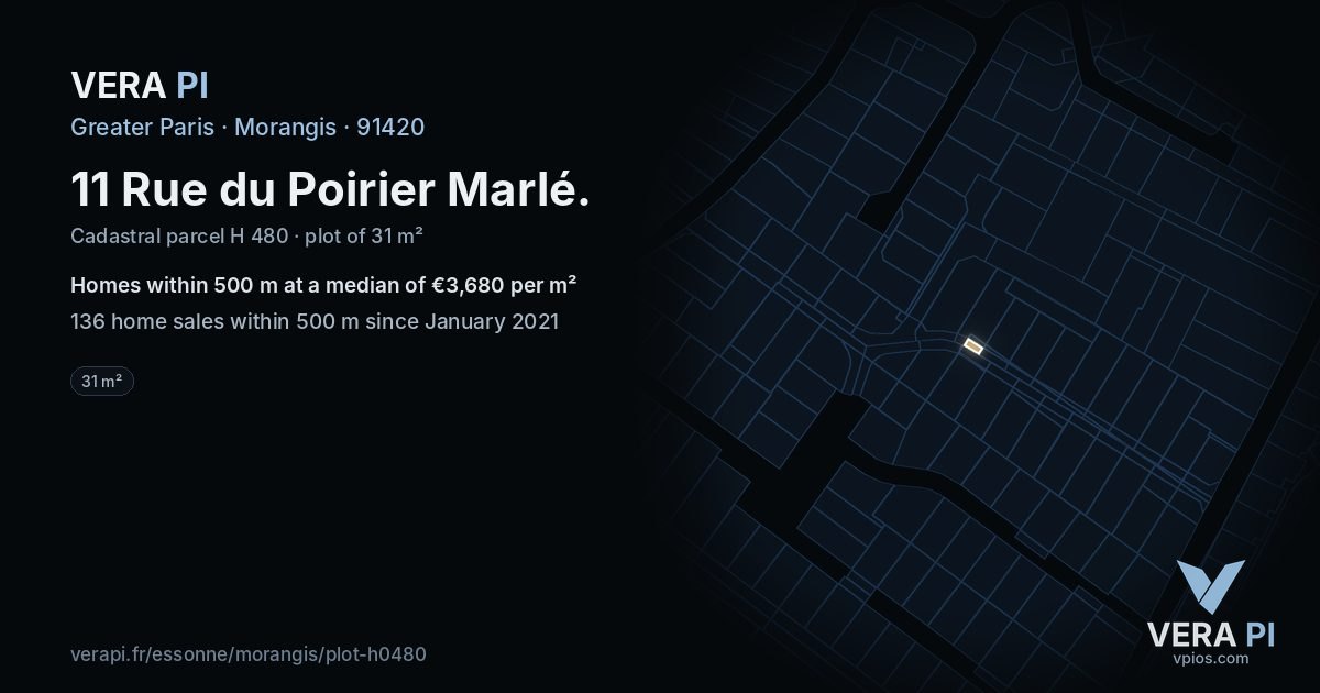 11 Rue du Poirier Marlé, Morangis at night – the plot lit, the parcels around coloured by the prices near them