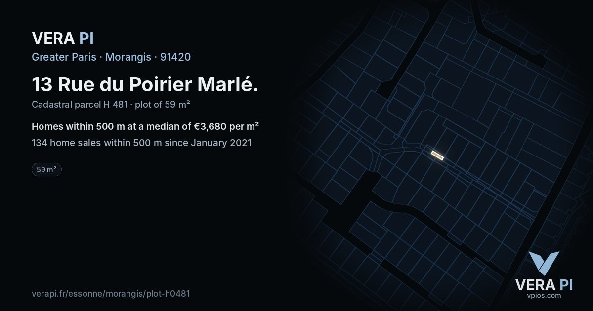 13 Rue du Poirier Marlé, Morangis at night – the plot lit, the parcels around coloured by the prices near them