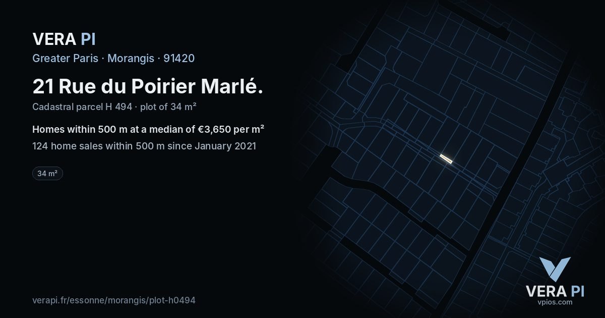 21 Rue du Poirier Marlé, Morangis at night – the plot lit, the parcels around coloured by the prices near them