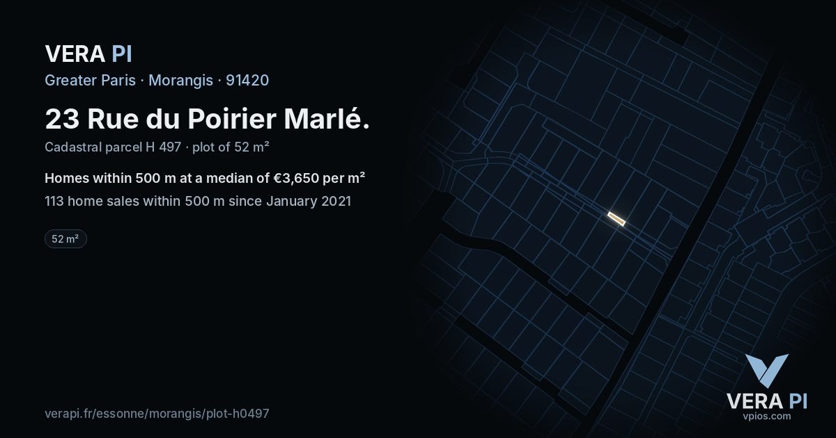 23 Rue du Poirier Marlé, Morangis at night – the plot lit, the parcels around coloured by the prices near them