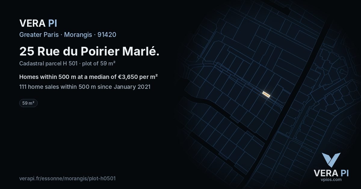 25 Rue du Poirier Marlé, Morangis at night – the plot lit, the parcels around coloured by the prices near them
