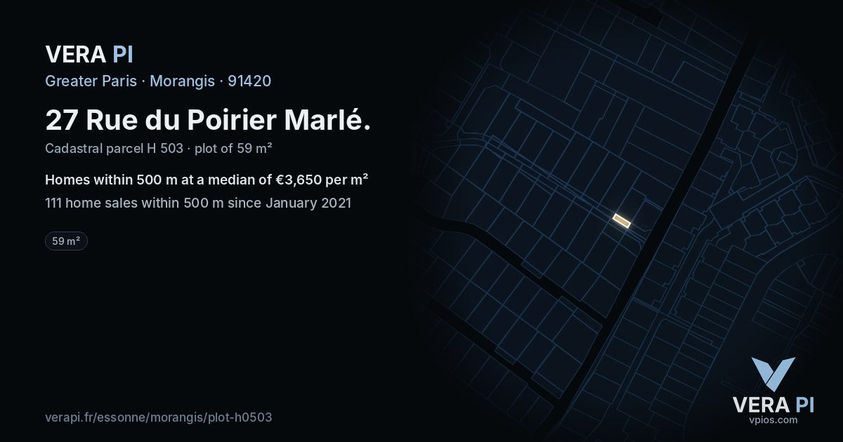 27 Rue du Poirier Marlé, Morangis at night – the plot lit, the parcels around coloured by the prices near them