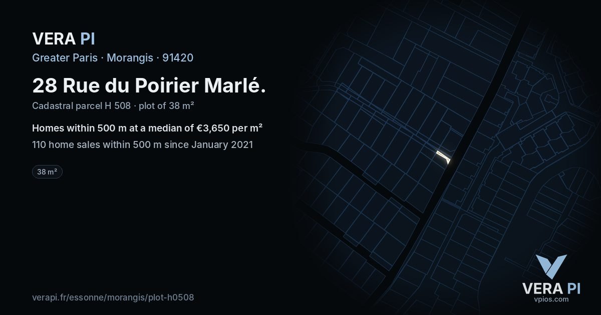 28 Rue du Poirier Marlé, Morangis at night – the plot lit, the parcels around coloured by the prices near them