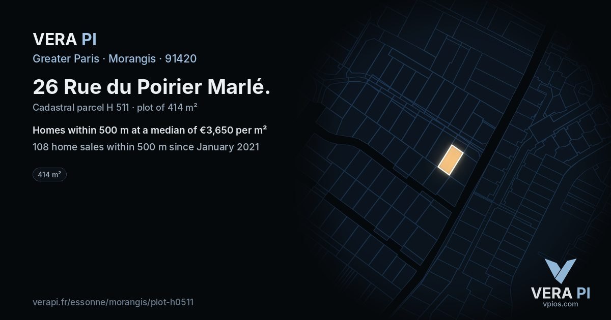 26 Rue du Poirier Marlé, Morangis at night – the plot lit, the parcels around coloured by the prices near them